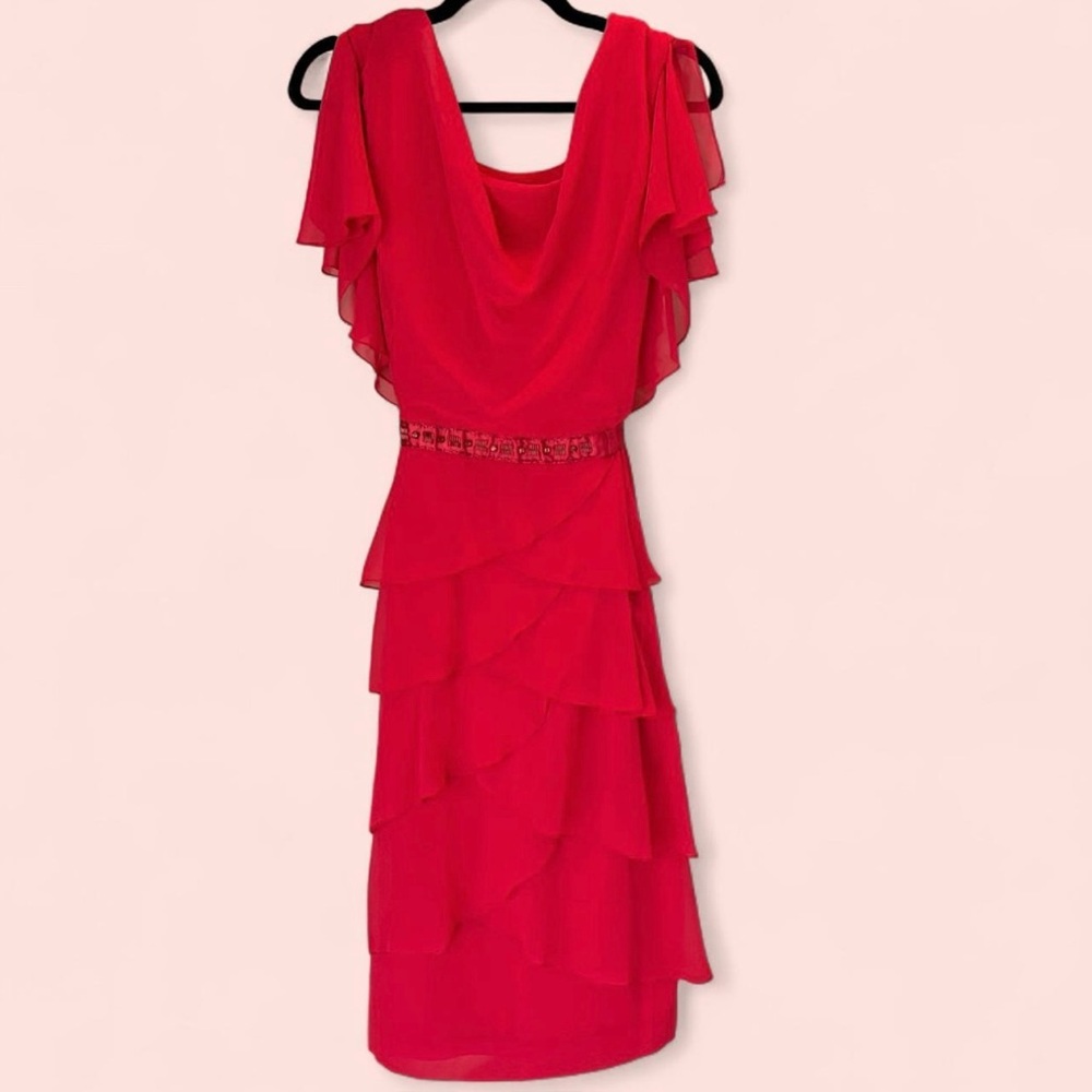 Red Tiered Party Dress with Beaded Detail + Cowl Neck